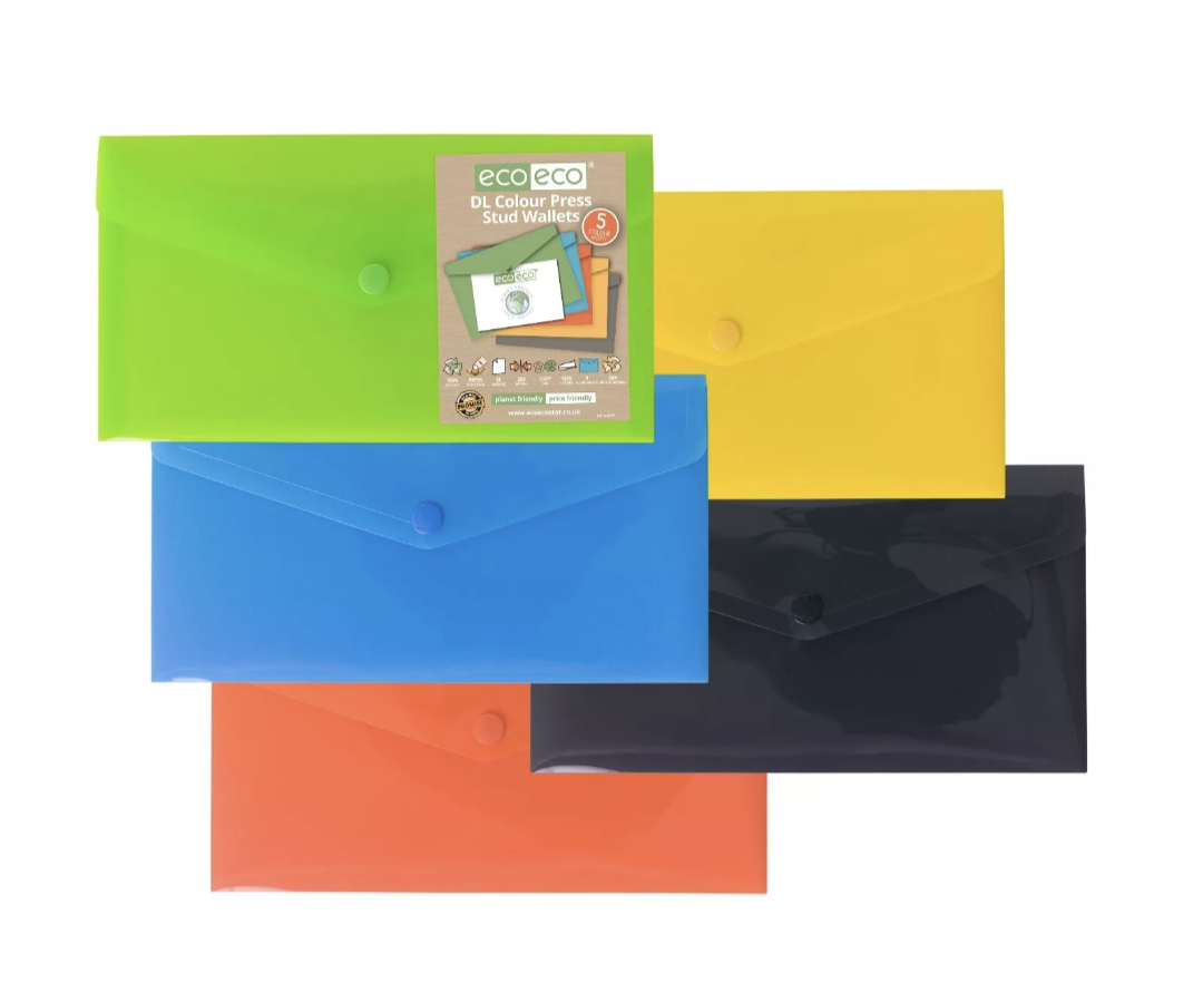 Eco Pack 5 DL 50% Recycled Colour Press Stud Wallets