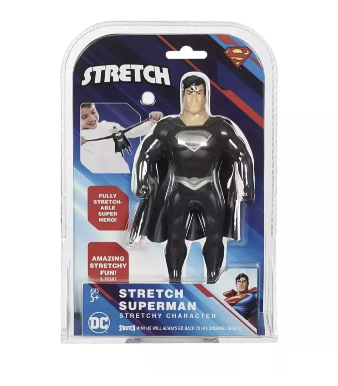 STRETCH MINI DC SUPERMAN IN BLACK SUIT ACTION FIGURE STRETCH AND SQUISHY TOY NEW