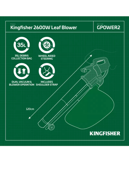 Souffleur de feuilles et aspirateur de jardin 2-en-1 2600W avec harnais d'épaule et roues GPOWER2