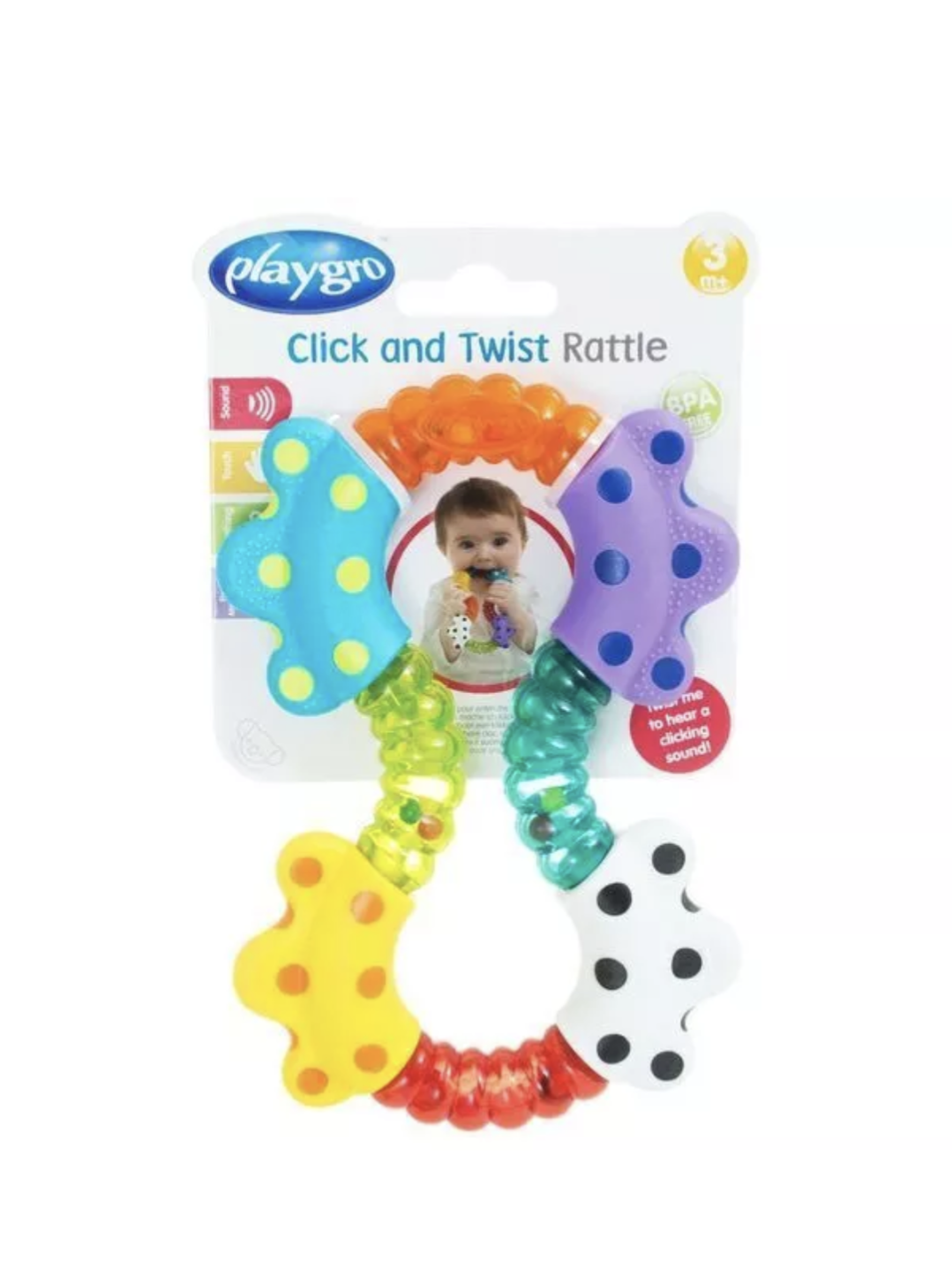 Playgro Hochet bébé sensoriel et éducatif Bright Click and Twist, 3m+