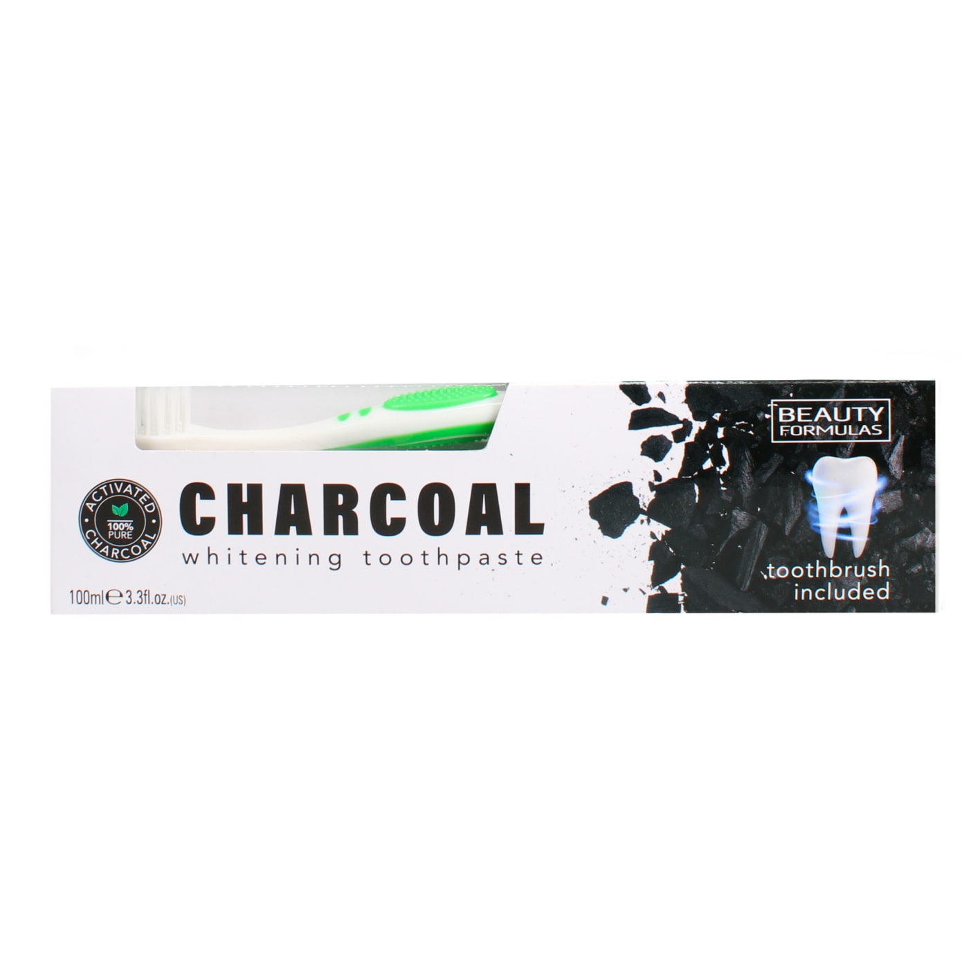 BEAUTY FORMULAS 100ML CHARCOAL TOOTHPASTE & TOOTHBRUSH