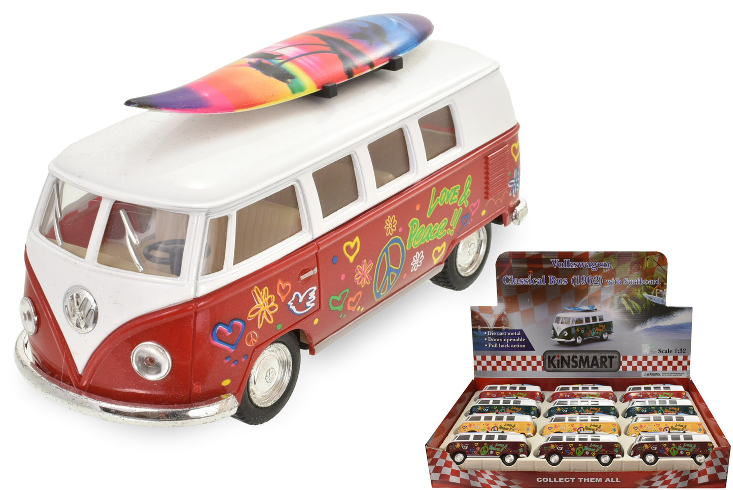 Le bus classique VW 1962 avec planche de surf à l'échelle 1:32 – Parfait pour les collectionneurs