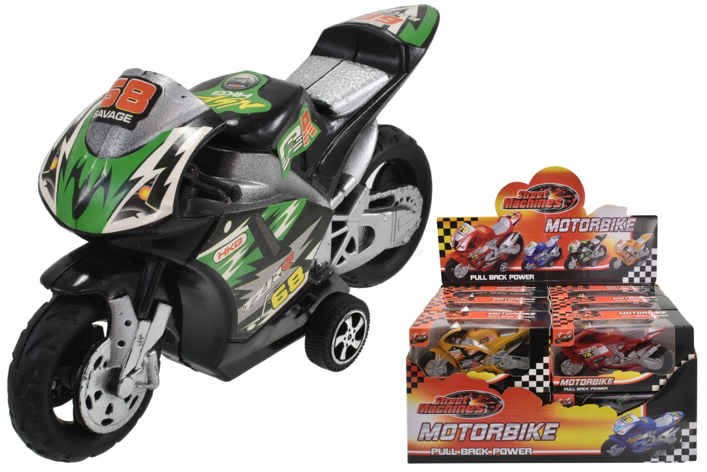 Motos miniatures à friction haut de gamme en boîtes vitrines et présentoirs