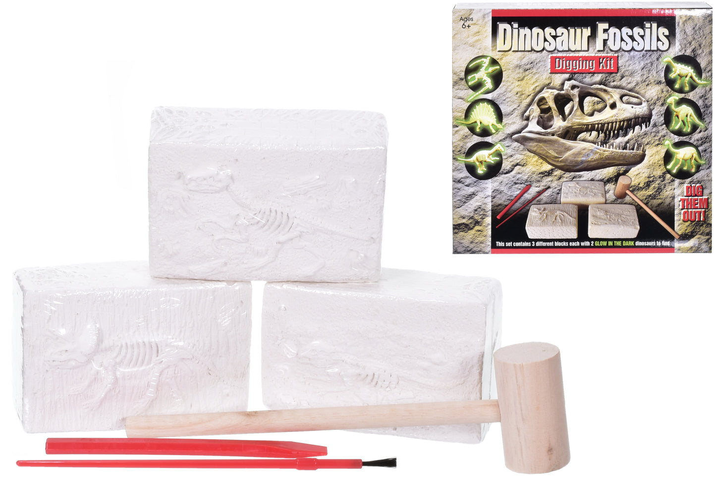 Découvrez l'amusement : kit de fouille dinosaure 3 pièces dans une boîte imprimée. Déterrez l'aventure.