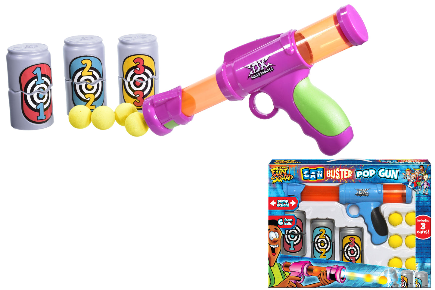 Préparez-vous à vous amuser : pistolet à balles pop avec 3 cibles en forme de canettes