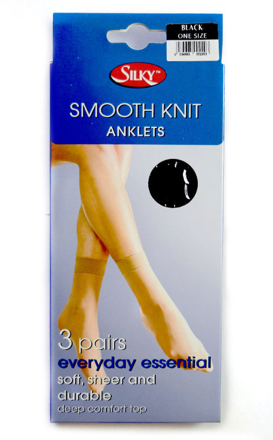 3 Pairs SILKY Smooth Knit Anklets Black One Size