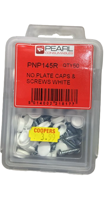 Number Plate Caps & Screws White - Pack of 50 - PEARL CONSUMABLES PNP145R