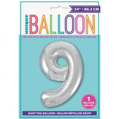 Giant No 9 Silver helium/Air foil Balloon 34 in