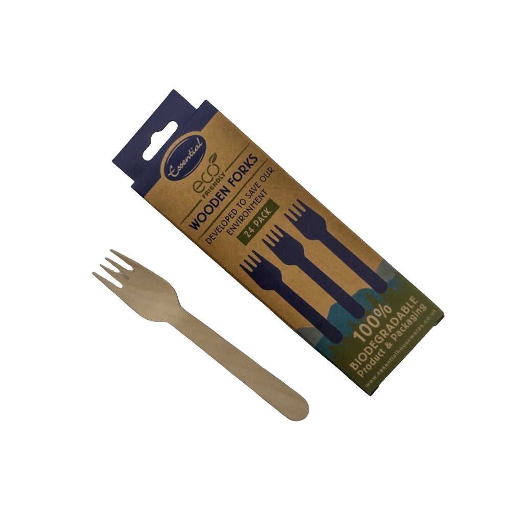 Lot de 24 fourchettes en bois biodégradables Essential dans une boîte en carton kraft