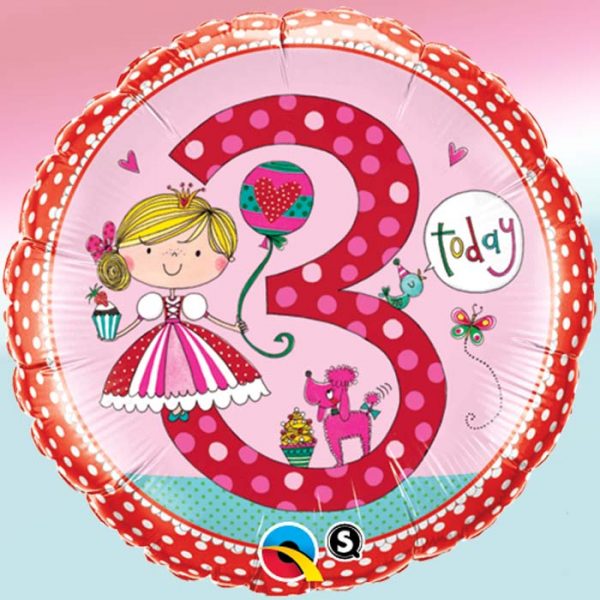 Pink Princess 3 Today Birthday Helium Balloon Sealed QUALATEX