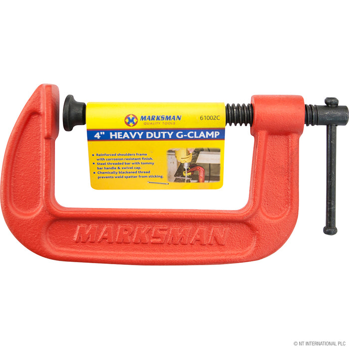 "Heavy Duty 4-Inch G Clamp - Robust Red Steel Construction for Secure Fixtures"