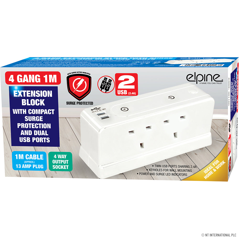 Bloc multiprise 4 prises 1M - 2 ports USB - Protection contre les surtensions