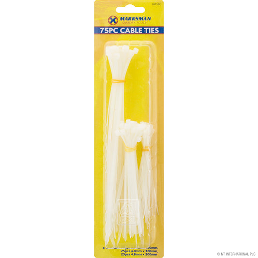 75pc Nylon Cable Ties in White - Multipurpose Cable Management Solution