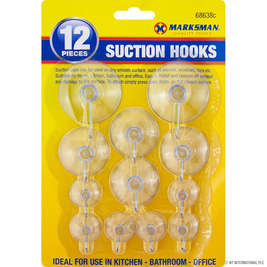 Versatile 12pc Assorted Clear Suction Hooks - Multipurpose Reusable Hooks for Organization and Decor