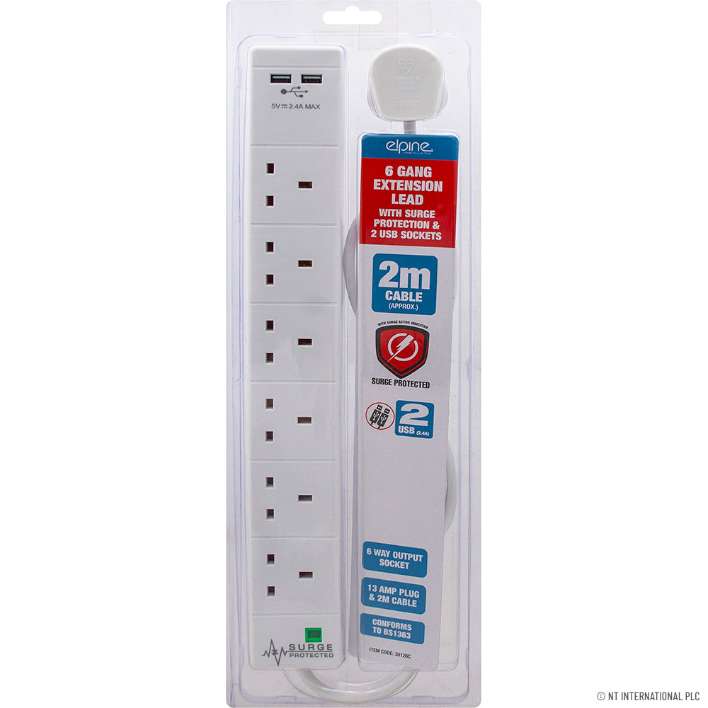 Multiprise parasurtenseur 6 prises 2 m – 2 ports USB pour un chargement pratique