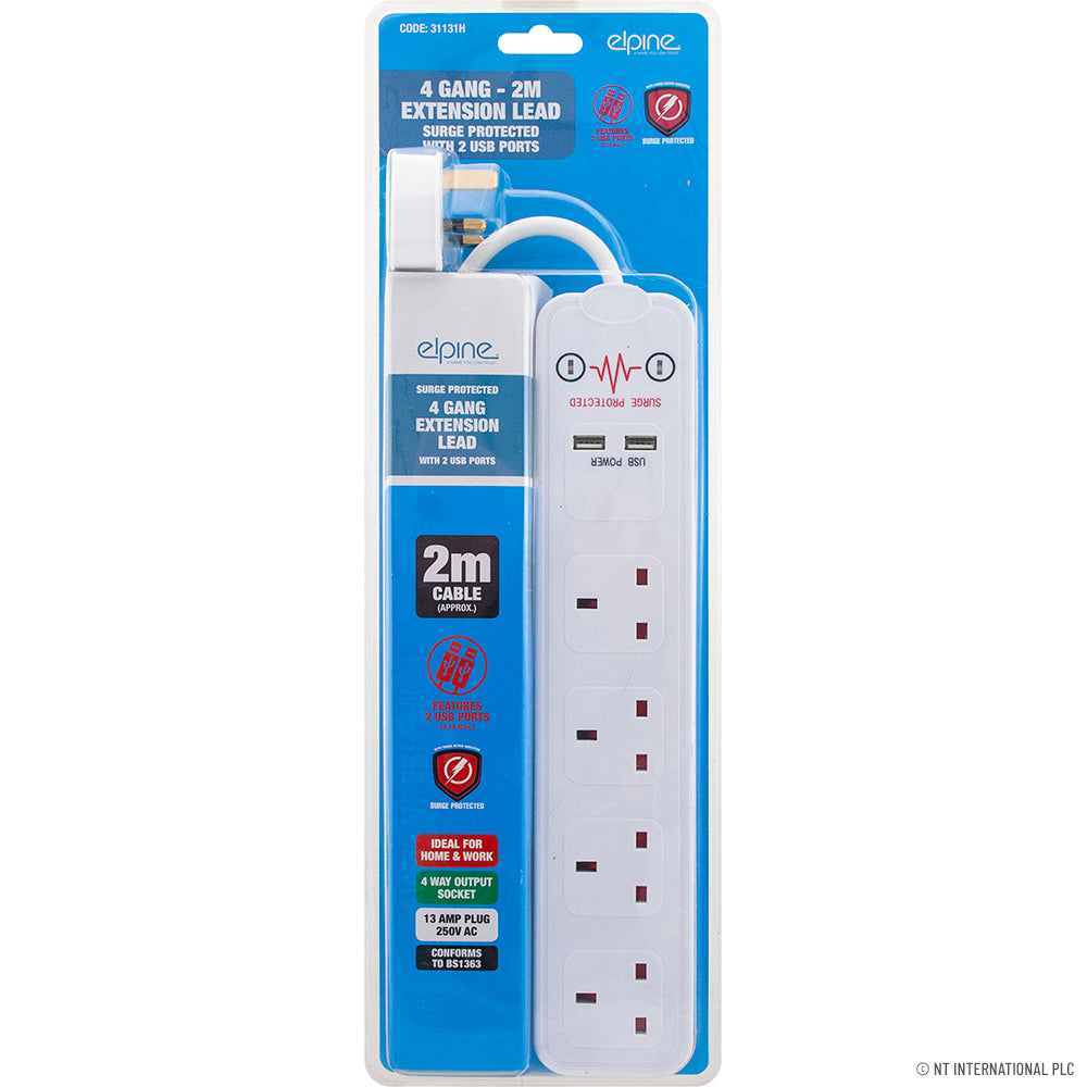 Multiprise 4 prises 2M avec parasurtenseur et 2 ports USB - Recharge et protection fiables