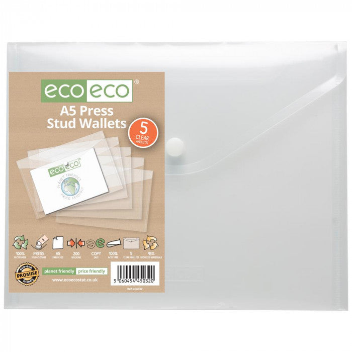 Eco-Eco Pack de 5 chemises à bouton-pression A5 95 % recyclées