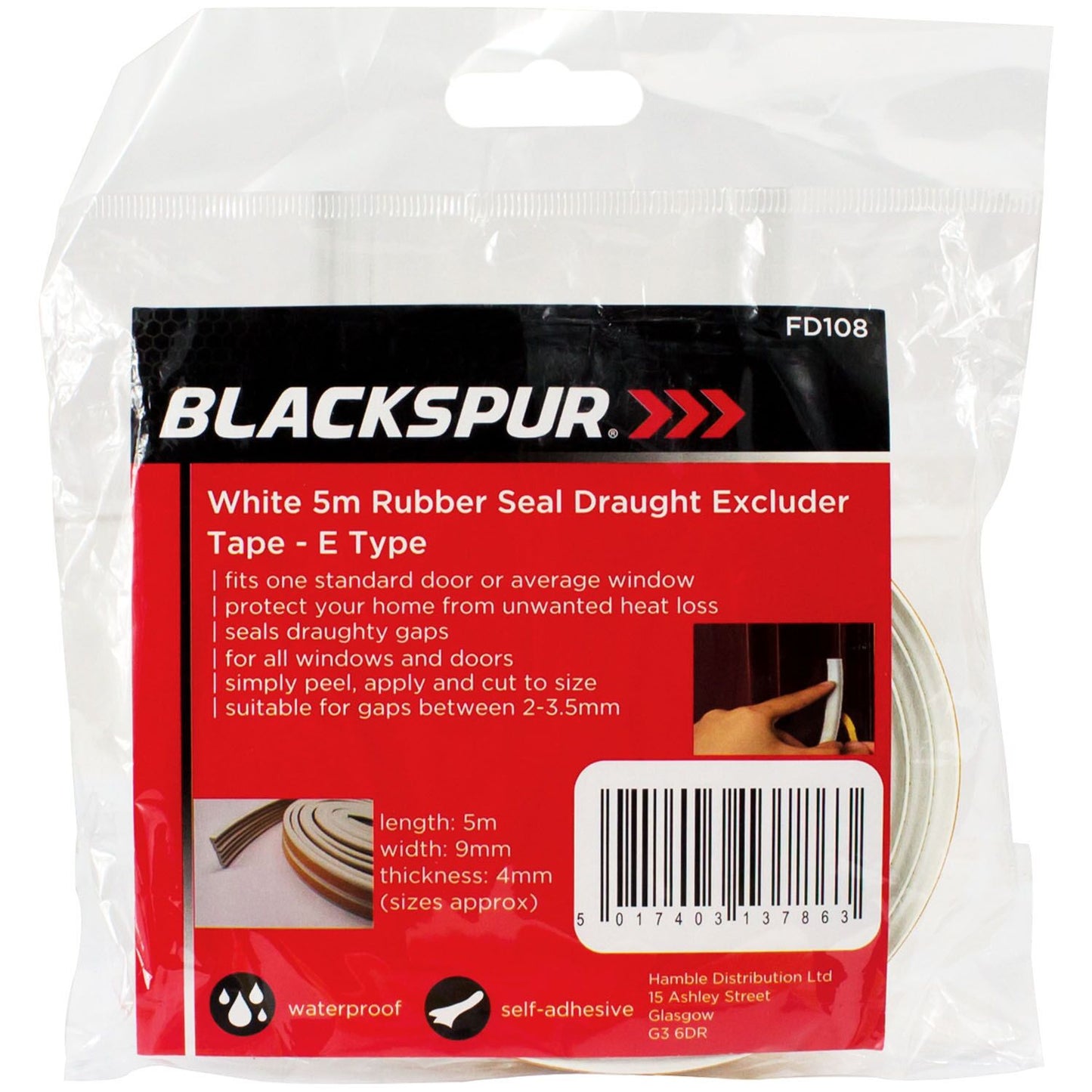 Blackspur Self-Adhesive 5 Metre E-Type Rubber Seal Draught Excluder, White