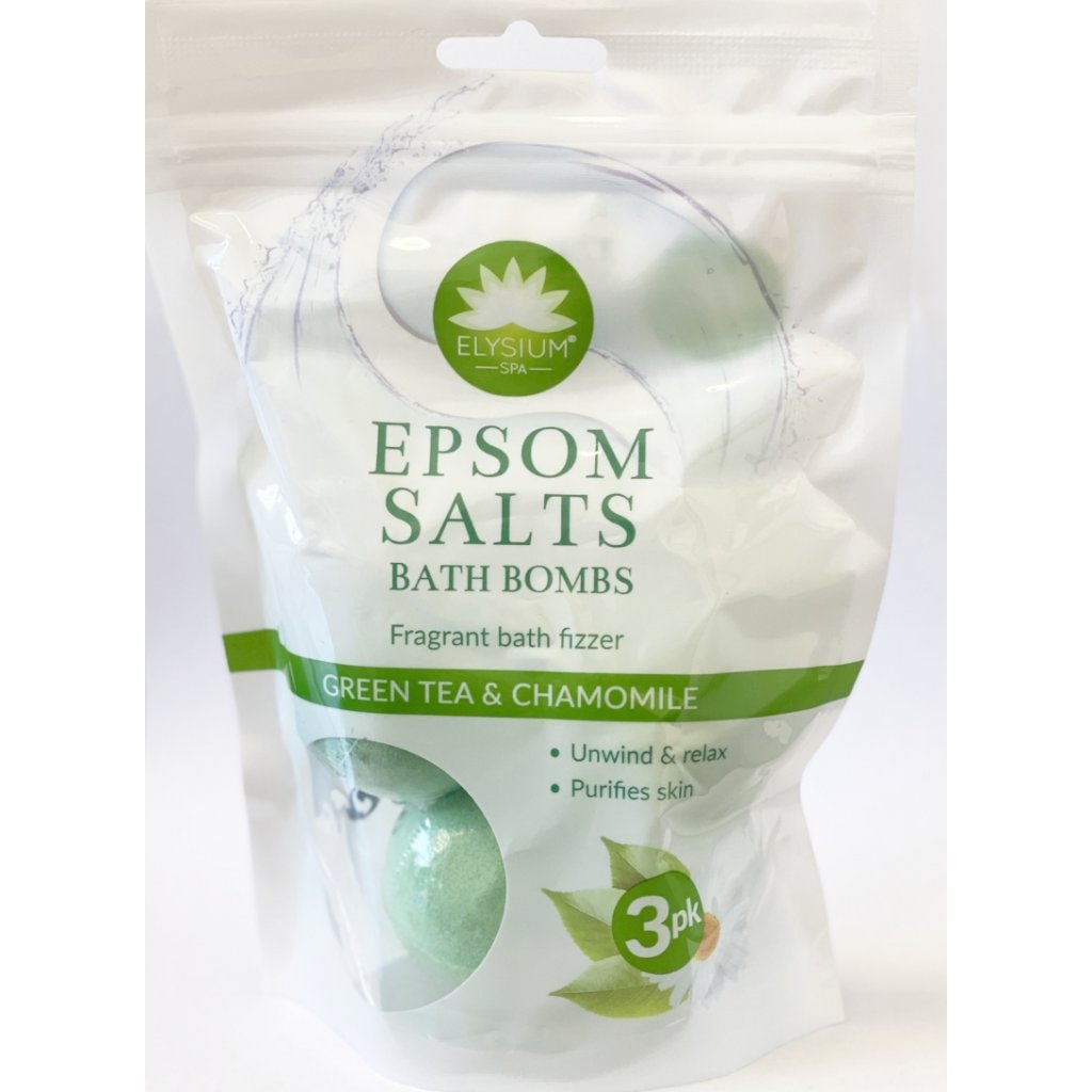 ELYSIUM SPA EPSOM SALTS BATH BOMBS GREEN TEA AND CHAMOMILE 3 PACK