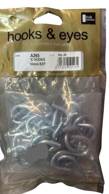 S Hooks & eyes bulk packs 50MM 20PK