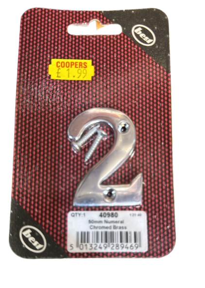 Numerals, Chromed Brass '2', 50mm (2")
