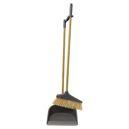 JVL Bamboo Tall Handle Durable Dustpan And Brush Set with Plastic Bristles
