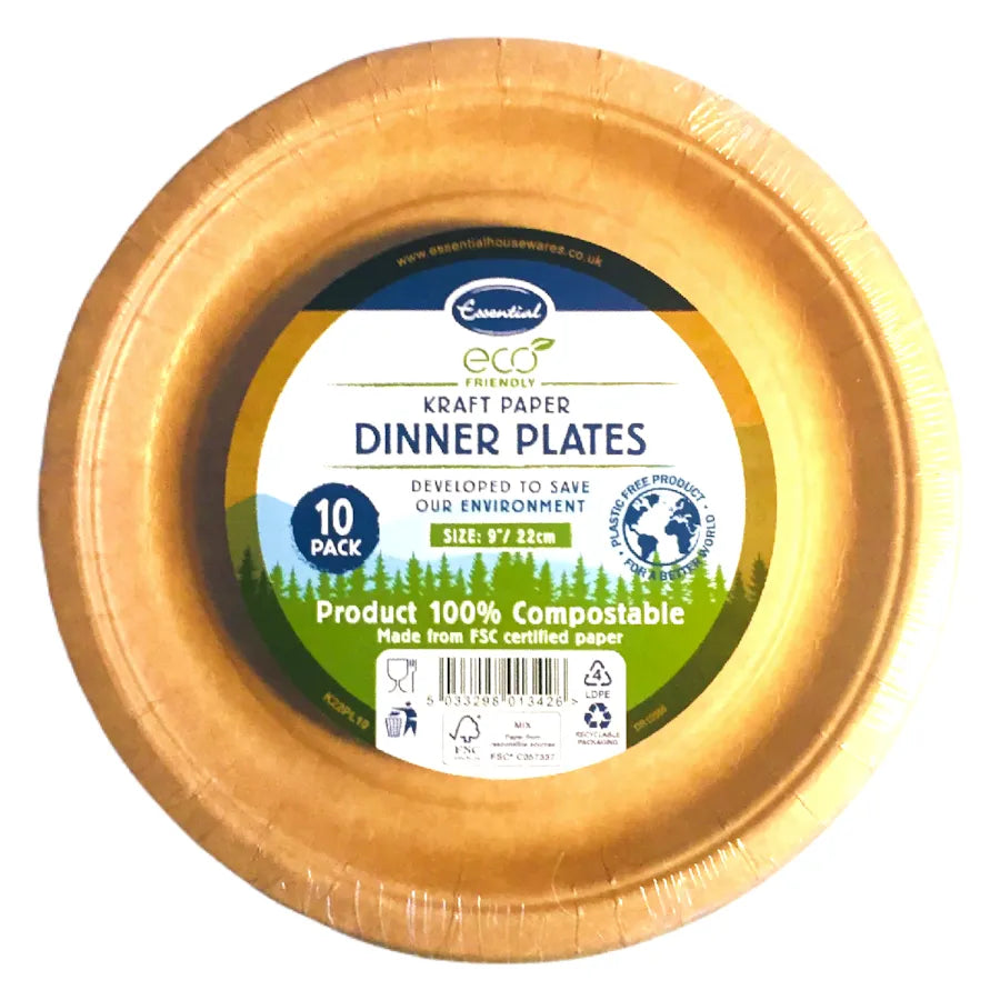 Assiettes plates compostables 22 cm (9") en carton kraft de la gamme Essentials ECO – Lot de 10