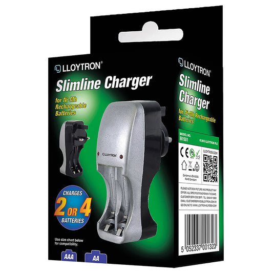 Chargeur de piles LLOYTRON Slimline AA/AAA pour piles rechargeables NiMh/NiCd – Charge 2 à 4 piles simultanément