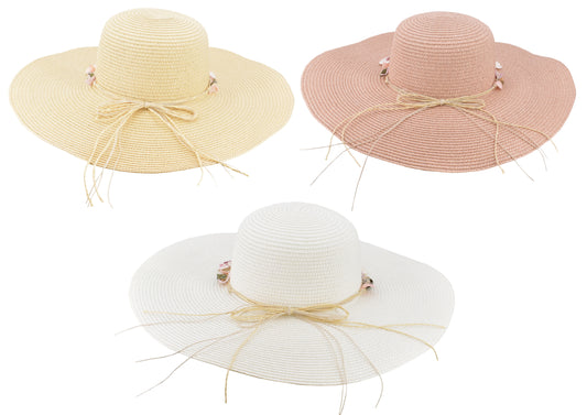 Ladies Wide Brim Hat: Shell-Adorned String Bow | Trendy Sun Protection