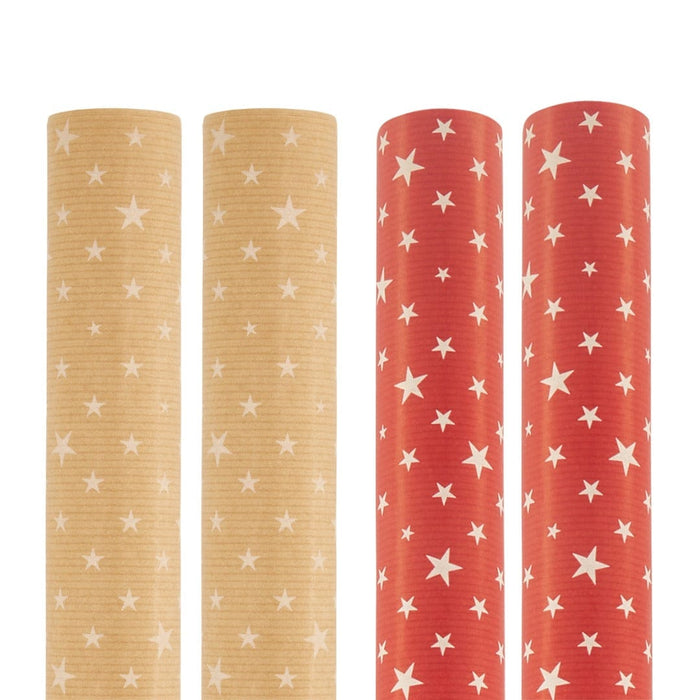 RED OR NATURAL STARS KRAFT WRAPPING PAPER - SINGLES 2M ROLL