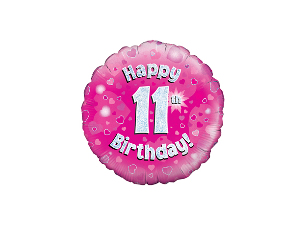 18inch Happy 11th Birthday Pink Holographic Balloon