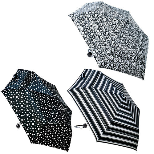 BALL HANDLE BLACK/WHITE SUPERMINI UMBRELLA IN ASSORTED 
MONOCHROME DESIGNS. 
SPOT; STRIPE AND FLORA