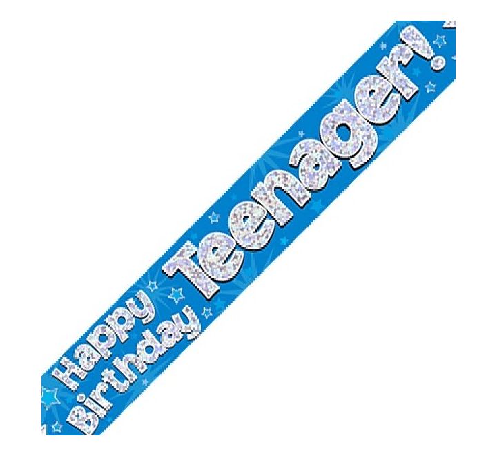 BANDEROLLE HOLOGRAPHIQUE BLEUE 9 PIEDS JOYEUX ANNIVERSAIRE ADOLESCENT