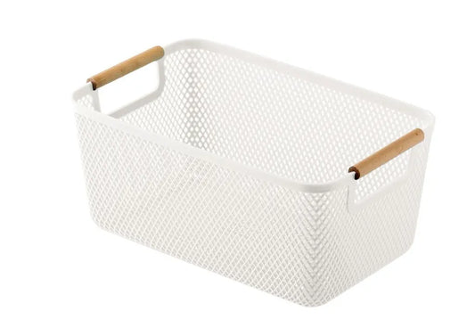 Plastic Storage Basket Wooden Handle Medium - White (32x20.5x14.5cm)