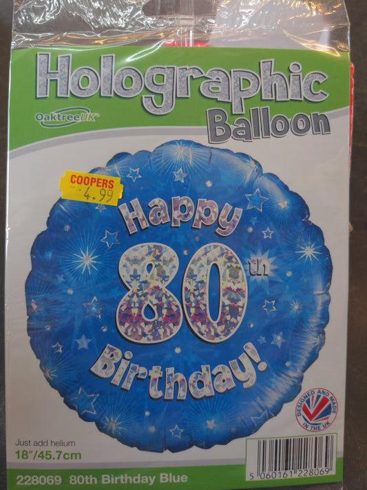 Joyeux 80e anniversaire Ballon Hélium Holographique 45cm Bleu