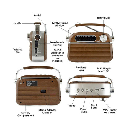 Radio portable rechargeable 2 bandes « Vintage » Lloytron + MusicStream - Chêne foncé