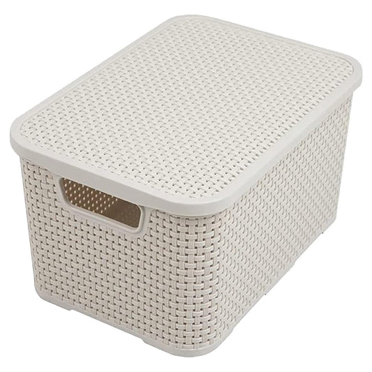 BranQ  Plastic Basket in Rattan Design, Size M 10ltr 28.8 x 19.7 x 16.2 cm Cream
