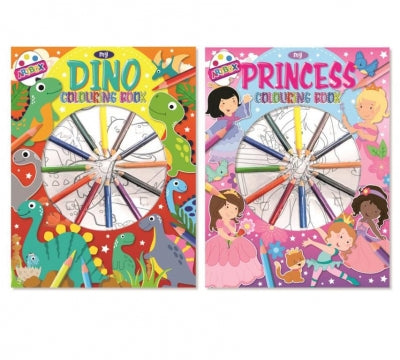 COLOURING BOOK WITH 12 PENCILS IN BLISTER DINO /PRINCESS