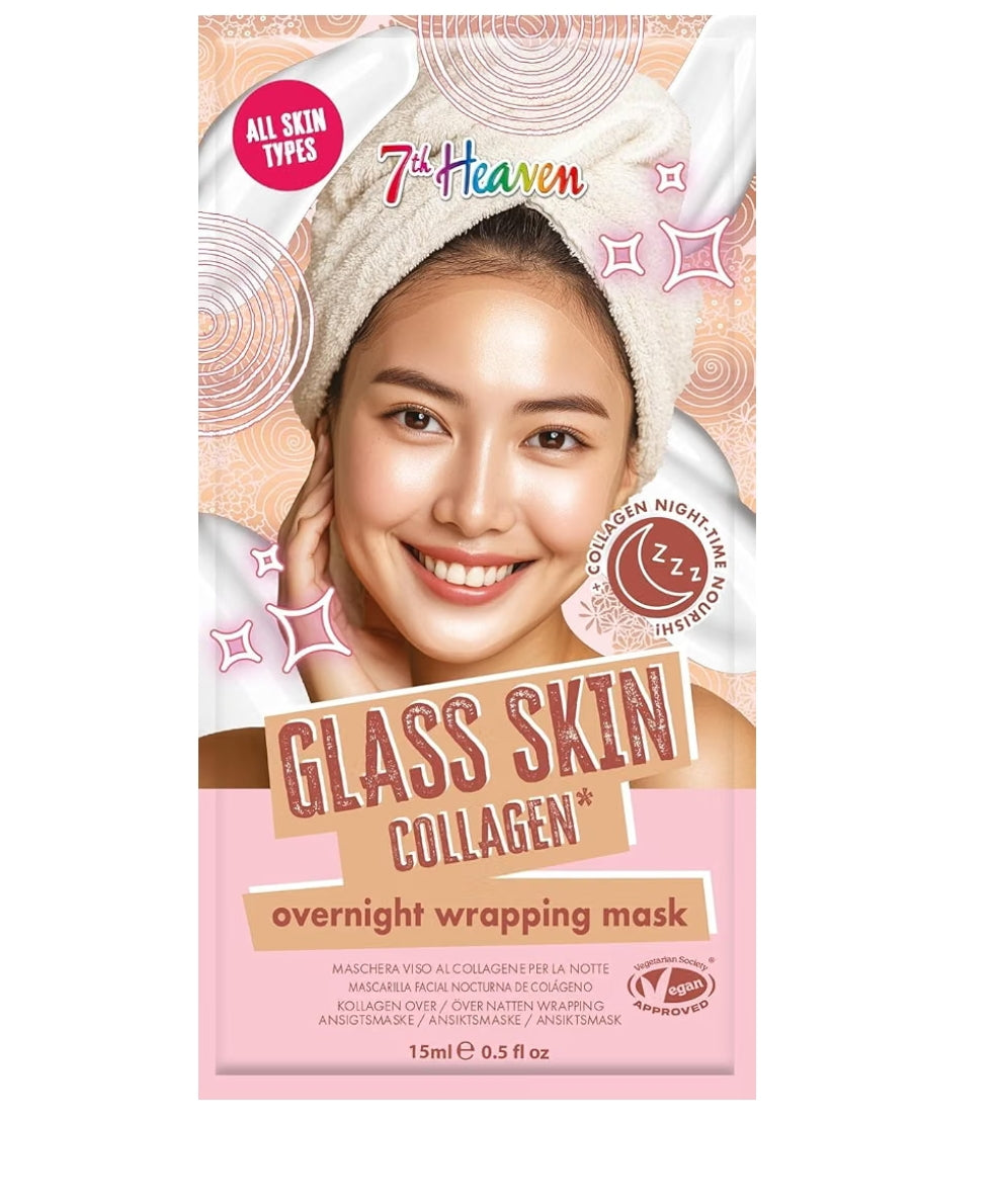7th Heaven Glass Skin Collagen Wrapping Skincare Face Mask - Hyaluronic Acid and Vegan Collagen - For Dewy, Fresh Skin 15ml
