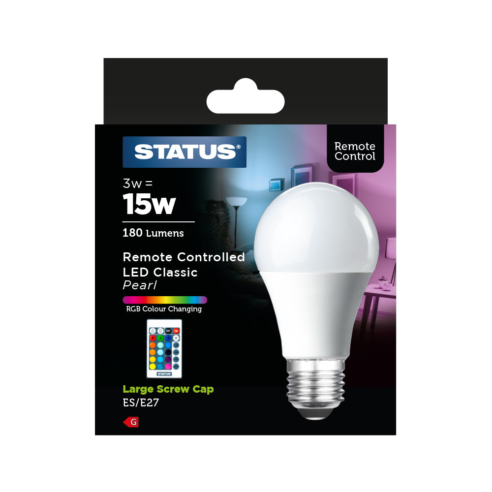 3W - Statut - LED couleur changeante - GLS - ES - 16 modes de couleur / 4 modes de transition - Télécommande - Portée de 5 m - 1 pièce - en boîte