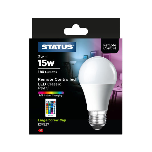 3W - Statut - LED couleur changeante - GLS - ES - 16 modes de couleur / 4 modes de transition - Télécommande - Portée de 5 m - 1 pièce - en boîte