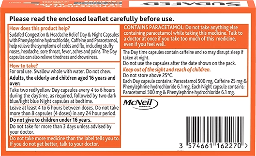SUDAFED® CONGESTION & HEADACHE RELIEF DAY & NIGHT CAPSULES 16s