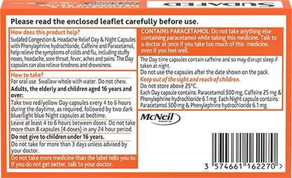 SUDAFED® CONGESTION & HEADACHE RELIEF DAY & NIGHT CAPSULES 16s