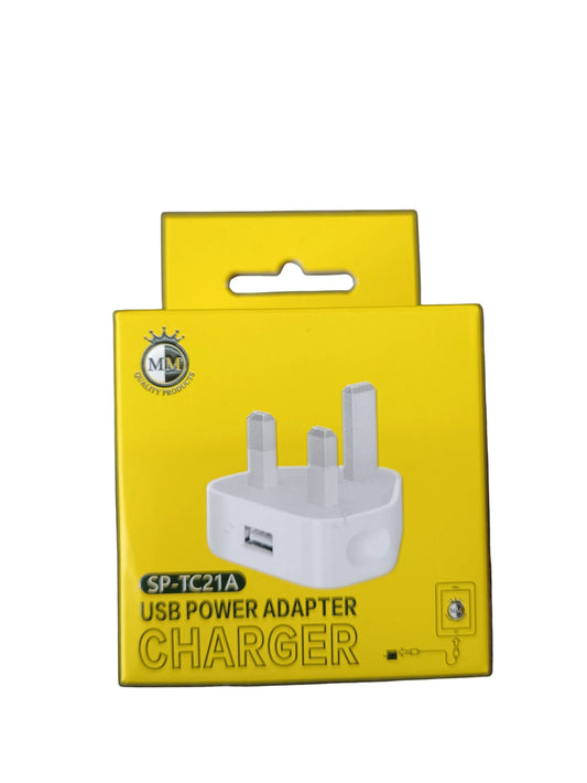 USB Wall Charger Adapter, UK 3-Pin Plug, Single Port, White 1 Amp / 1000mah Charging Plug compatible with Phone