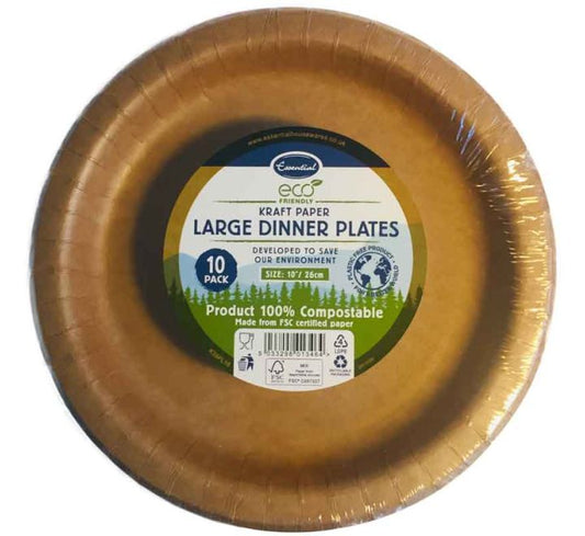 GRANDES ASSIETTES EN PAPIER KRAFT ÉCOLOGIQUES ESSENTIELLES 26 cm (10 po) – PAQUET DE 10