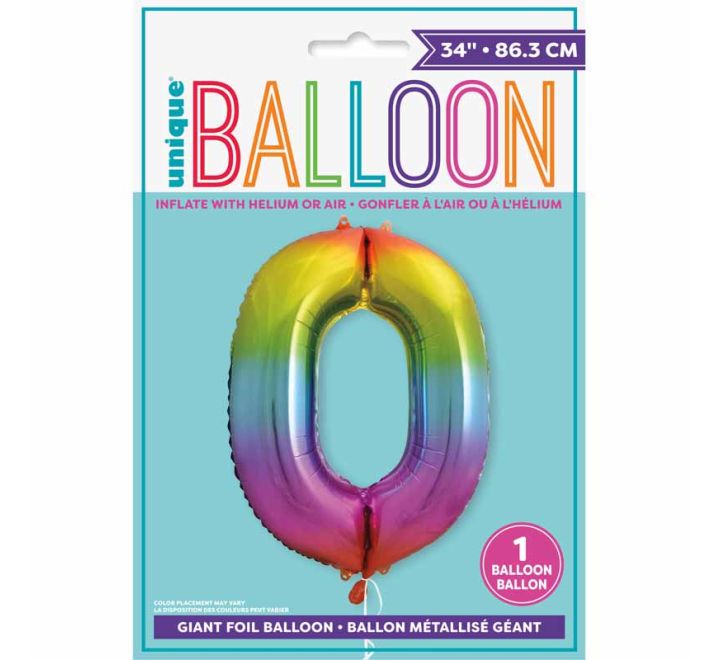 Ballon aluminium unique en forme de chiffre 0 « arc-en-ciel » de 34 po
