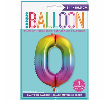 Ballon aluminium unique en forme de chiffre 0 « arc-en-ciel » de 34 po
