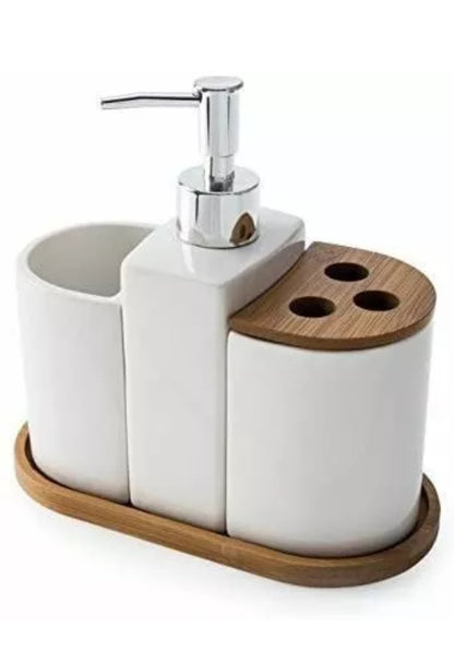 BLUE CANYON 4 PIECE HOME BATHROOM BAMBOO CERAMIC ACCESSORY SET WHITE
