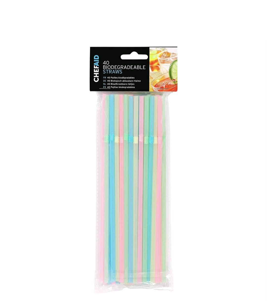 Chef Aid 40 Biodegradable Plastic Straws Multi-Coloured Flexible Bendy Drinking