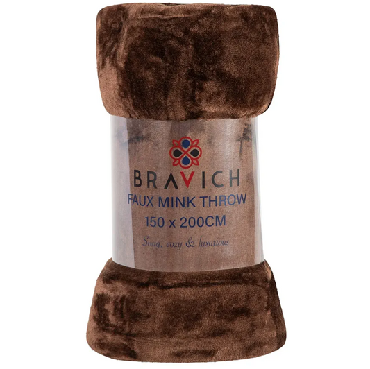 Plaid douillet en fausse fourrure de vison Bravich – Marron. Grande couverture moelleuse simple pour lit, canapé et jetés de lit. Plaid épais en fausse fourrure pour la maison – 150x200cm